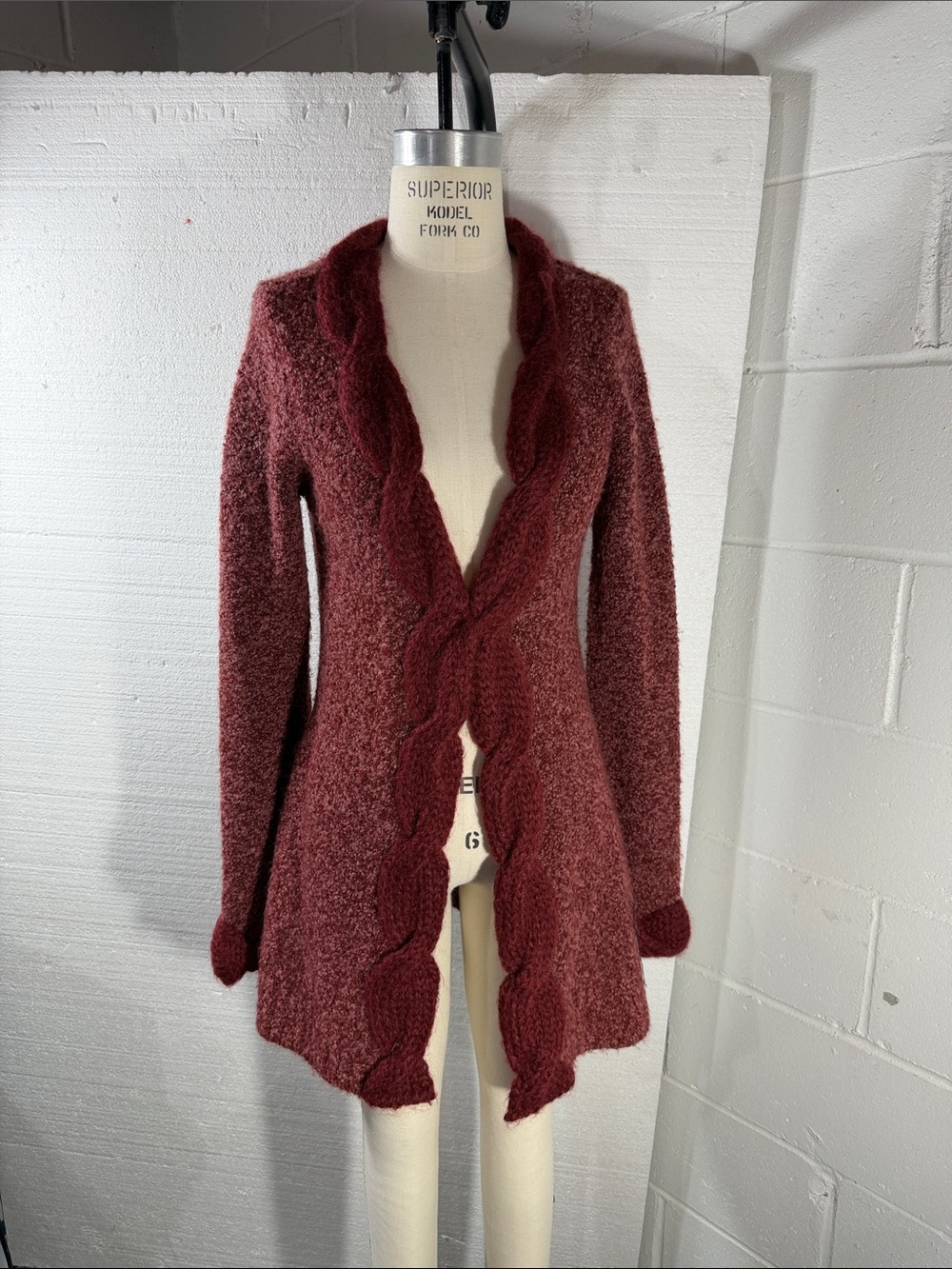 Anthropologie Sleeping In Snow Women’s Maroon Cable-Trim Open Front Sweater